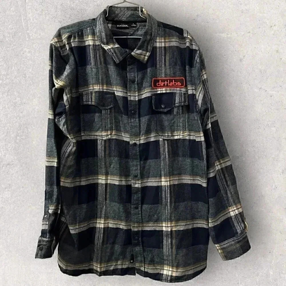 Burnside Shirt Men's Large Blue Plaid Flannel Button Front Patch dirtlabs Adult
